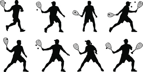 Racquet Sport Player Silhouettes Set, Squash, Racquetball, or Tennis Black Vector Icons, Athlete, Competition, Training, Fitness, Dynamic Action Graphic