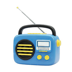 Retro blue portable radio with silver antenna and black handle classic design with yellow accents and digital display isolated on transparent background vibrant colors and nostalgic feel