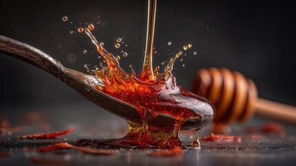 Stream of honey drips onto wooden spoon, creating splash effect against dark background, evoking sense of sweetness and indulgence