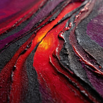 Acrylic paint strokes in vibrant red and black create textured, abstract pattern on canvas, with glowing yellow highlight adding depth and contrast