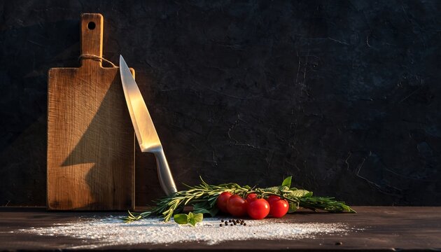 Chef's rustic cutting board with fresh herbs, cherry tomatoes, and a sharp knife against a dark background, concept for cooking, culinary and food preparation. - Powered by Adobe