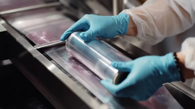 Footage of bioplastic film being unrolled in a clean environment illustrating biodegradable substrates for environmentalfriendly print products.