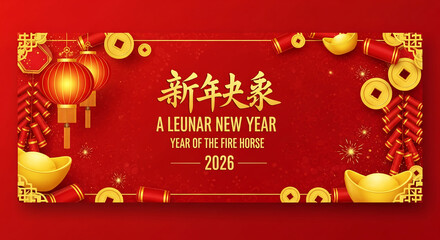 Naklejka premium Festive red and gold Lunar New Year banner, displaying lantern, coin, and firecracker elements, symbolizing prosperity and celebration for 2026