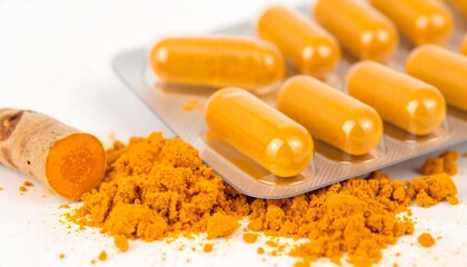 Turmeric capsules and powder on white background