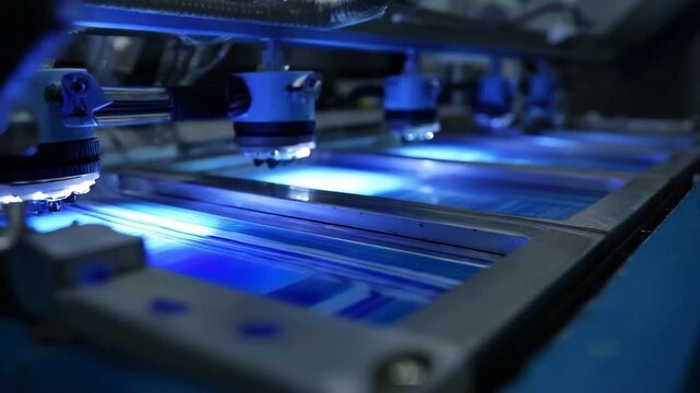 Detailed footage of the UV curing process on printed materials using specialized lamps emphasizing the transformation of coatings.