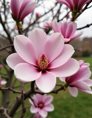 Obraz premium Delicate magnolia flowers unveil their soft pink petals, revealing golden stamens at the center. This vibrant display breathes new life into a peaceful garden on a sunny afternoon Generative AI