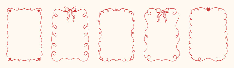 Set of vintage inspired hand drawn Valentine’s Day frames with whimsical lines, bows, hearts, ribbons. Vector illustrations perfect decorative holiday borders for greeting cards, posters, invitations.