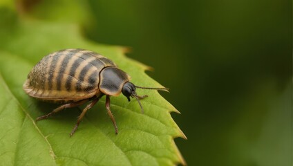 Close up of a striped woodlouse on a green leaf in nature.