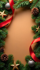 Arrangement of decorations on dark brown background, christmas concept