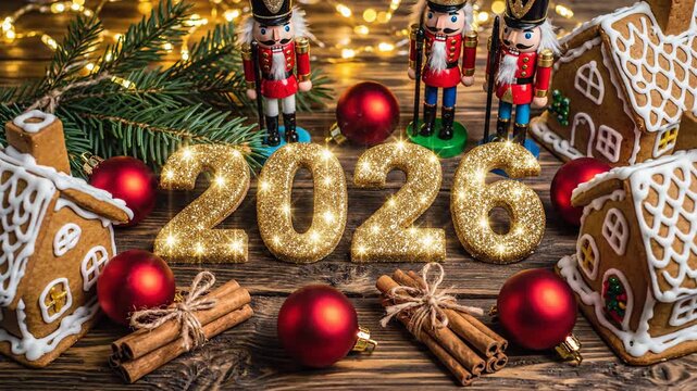 Christmas holiday decoration with nutcrackers and gingerbread houses