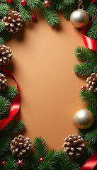 Arrangement of decorations on dark brown background, christmas concept