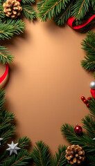 Arrangement of decorations on dark brown background, christmas concept