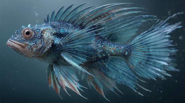 A captivating close-up of an ethereal, iridescent fish gracefully navigating aquatic depths. The creature's intricate fins and scales shimmer in a symphony of blues and turquoise