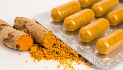 Turmeric root and capsules on a white background