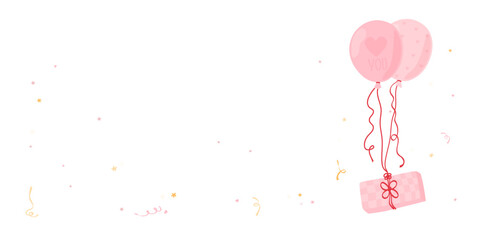 Pink helium balloons and gift with confetti. Vector illustration horizontal banner on white background. Holiday card for Valentine's Day and birthday party.
