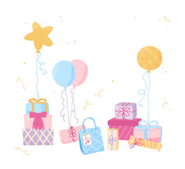 Obraz premium Birthday party decorations. Cute celebration elements. Gifts and balloons greeting card. Vector illustration in pastel colours.