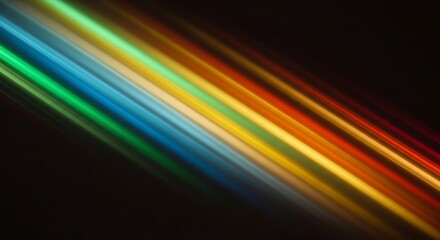 Abstract Diagonal Light Streaks in Rainbow Colors on Black Background.