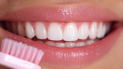A close-up of a smiling mouth with bright, white teeth and a pink toothbrush, emphasizing the importance of oral hygiene, Ideal for dental health campaigns, blogs, or promotional materials,