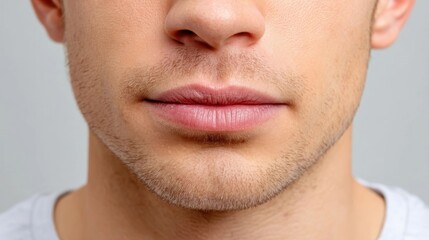 Obraz premium Close-up of a young man's lower face showing natural lips, light mustache, and stubble beard against a neutral background.