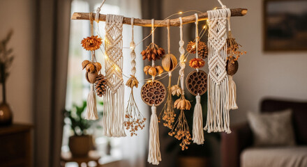 Rustic macrame wall hanging with dried leaves, pine cones, and fairy lights, creating cozy autumn home decor.