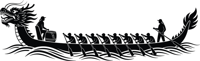 Dragon boat silhouette vector, traditional racing team paddling, cultural sport illustration, teamwork and water activity concept for Asian festival and competition design © Masuduzzaman