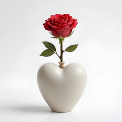 Matte ceramic heart-shaped vase holding a single rose, minimalist romantic design.