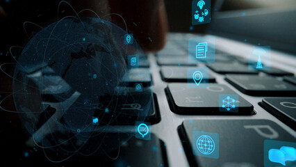 A captivating digital composition showcasing a close-up of a laptop keyboard with floating technology icons, symbolizing global connectivity and innovation in a modern workspace. Xenic