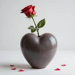 Matte ceramic heart-shaped vase holding a single rose, minimalist romantic design.