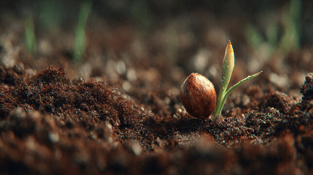 A seed sprouting, symbolizing growth and new beginnings, against a rich, earthy backdrop