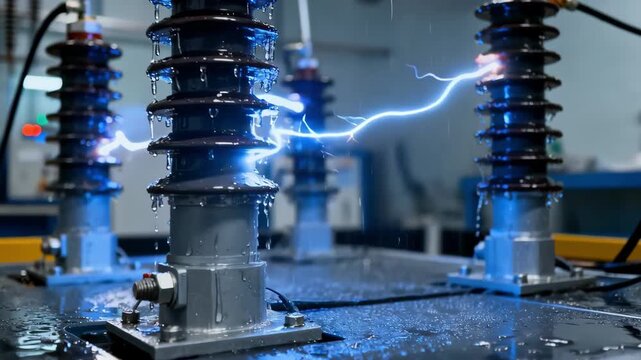 Medium shot of insulators undergoing flashover testing in a controlled wet environment to assess performance under heavy moisture conditions.
