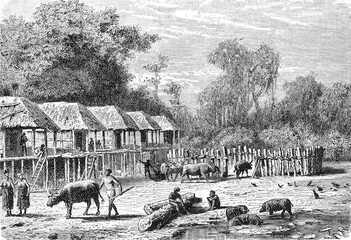 A traditional Kha ethnic minority village along the banks of the Sekong River in 19th century Siam (Thailand), showing stilt houses and riverside daily life, old vintage illustration, 1899