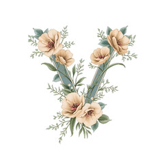 Decorative V alphabet letter adorned with delicate floral elements.