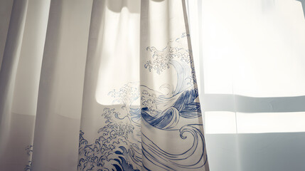 noren. A noren curtain with ukiyo-e wave patterns, fabric flowing gently in wind, indigo and white. event programs, museum guides, designed for cultural heritage projects and event programs.