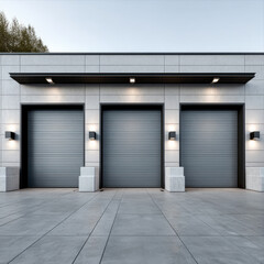 Three identical gray roller shutter doors on modern commercial building exterior, clean concrete pavement, minimalistic urban architecture