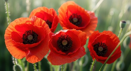 Fototapeta premium Bright Red Poppy Flowers with Dew Drops Glowing in Natural Light on Green Background