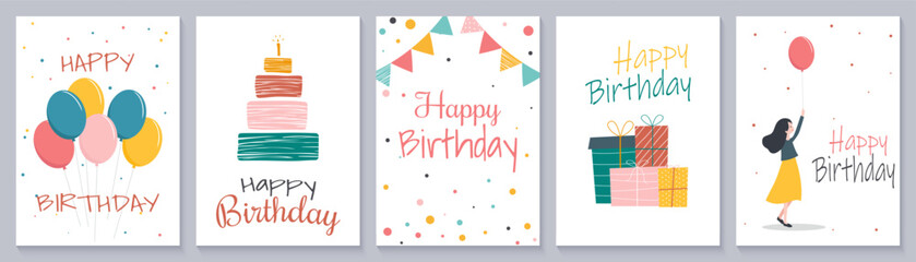 Set of birthday greeting cards featuring a cake, balloons, gift boxes, confetti, and a girl. Vector illustration of a set of greeting cards.