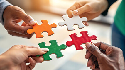 Diverse hands connecting colorful puzzle pieces symbolizing teamwork collaboration and successful problem solving together