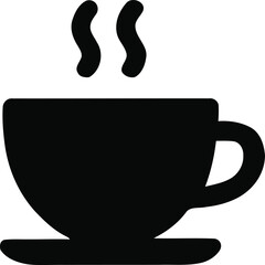 This modern icon depicts a stylized coffee cup with steam rising from it, symbolizing warmth and comfort. The minimalist design is perfect for coffee shop branding, cafe menus, or any project related 