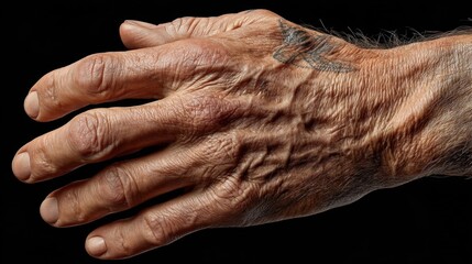 Fototapeta premium Close-up of an aged, wrinkled hand with visible veins and a faint tattoo, showcasing texture and skin details against a black background.