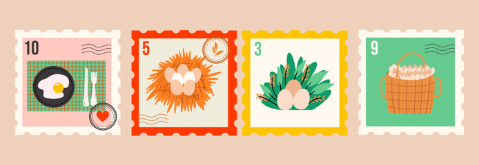 Stamps with different eggs. Culinary cards. Hand drawn vector design.