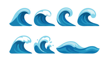 Ocean wave set, flat vector illustration, blue water, sea, crest, ocean