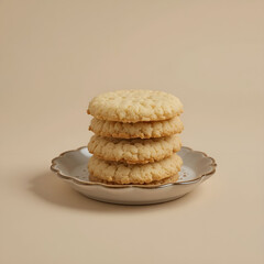 Crispy butter cookies neatly stacked on a small ceramic plate, warm beige background.