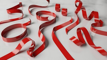 An array of red ribbons scattered on a white surface isolated on white background, creating a visually appealing composition