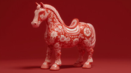 Fototapeta premium Red White Floral Pattern Horse Saddle Sculpture Art