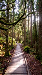 Sunlit boardwalk path through a mossy forest (1)