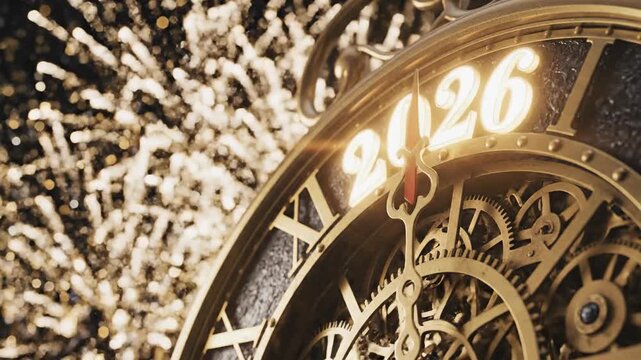 Close up of a golden clock face with year 2026 and bokeh background