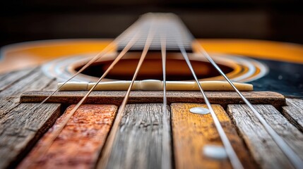 Fototapeta premium Close-up of an acoustic guitar's strings and wooden body, highlighting texture and detail in a warm, artistic perspective.