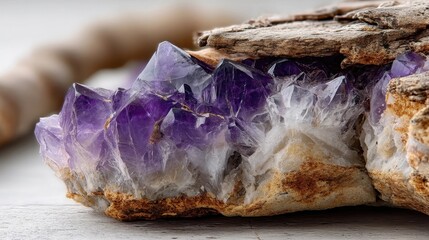 A close-up of a raw amethyst crystal cluster embedded in a rustic rock, showcasing its vibrant purple hues and natural textures.