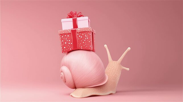 A snail carrying a stack of gift boxes on its shell.