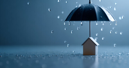 Small house model protected by black umbrella from falling water droplets symbolizing home insurance and weather protection concept